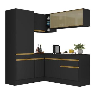 Armário de Cozinha Completa de Canto V2088 8 Portas 1 Gaveta MDP 172cm Preto-dourado