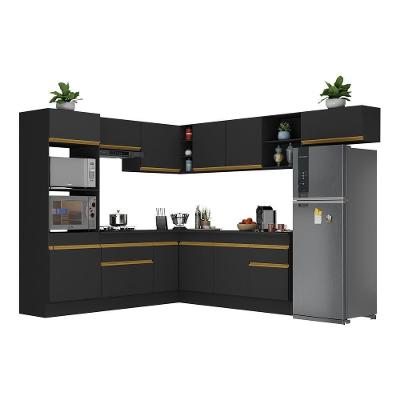 Armário de Cozinha Completa de Canto com Rodapé V2083 12 Portas 2 Gavetas MDF Preto-dourado