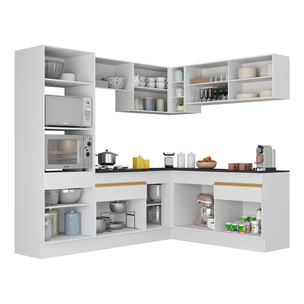 Armário De Cozinha Completa De Canto Com Rodapé Veneza Multimóveis V2099 Branco/dourado Branco/dourado - 3