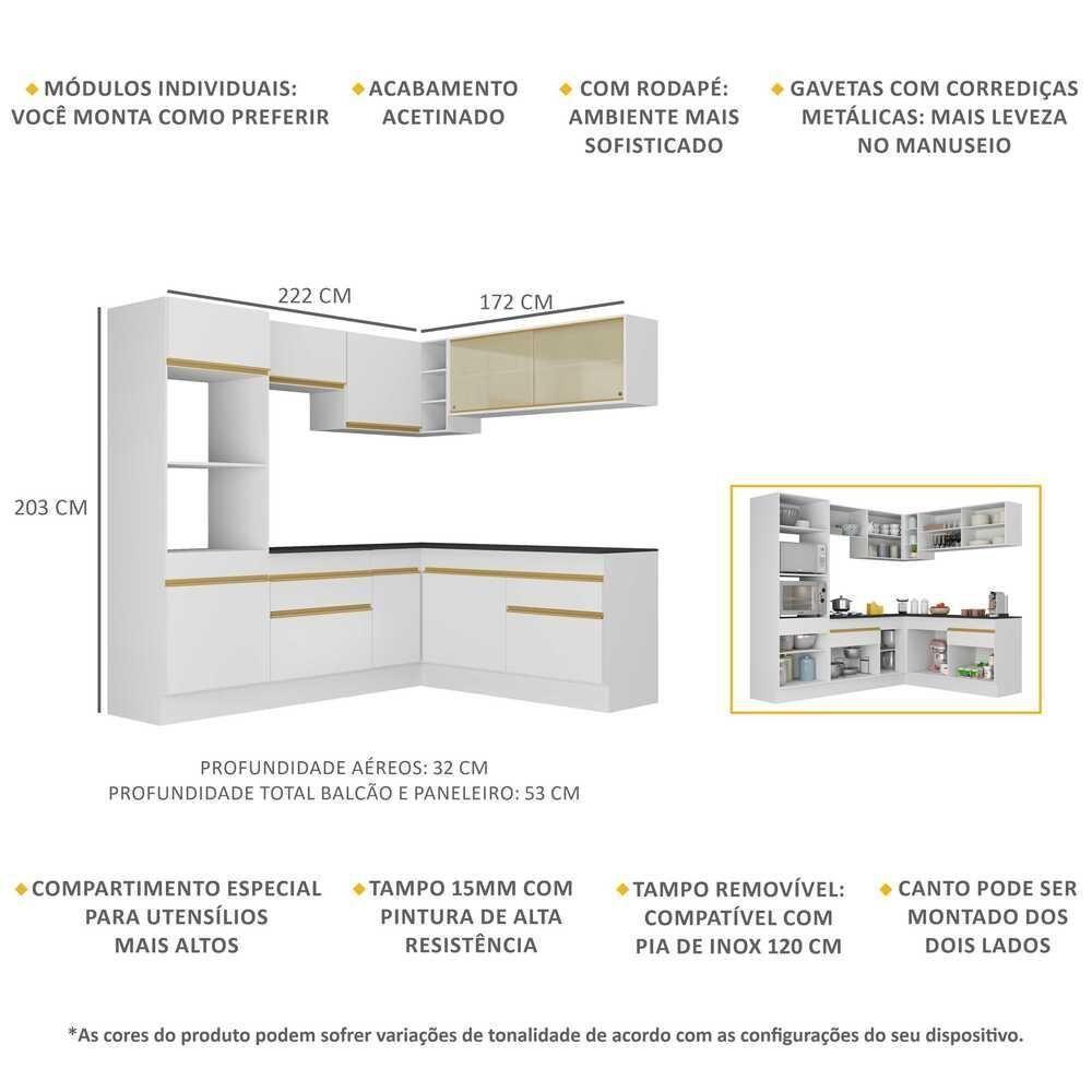 Armário De Cozinha Completa De Canto Com Rodapé Veneza Multimóveis V2099 Branco/dourado Branco/dourado - 5