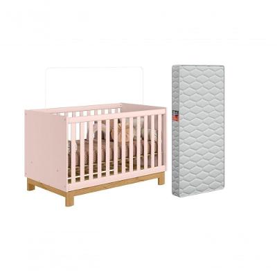 Berço Americano Vira Mini Cama Slim Com Colchão Rosa