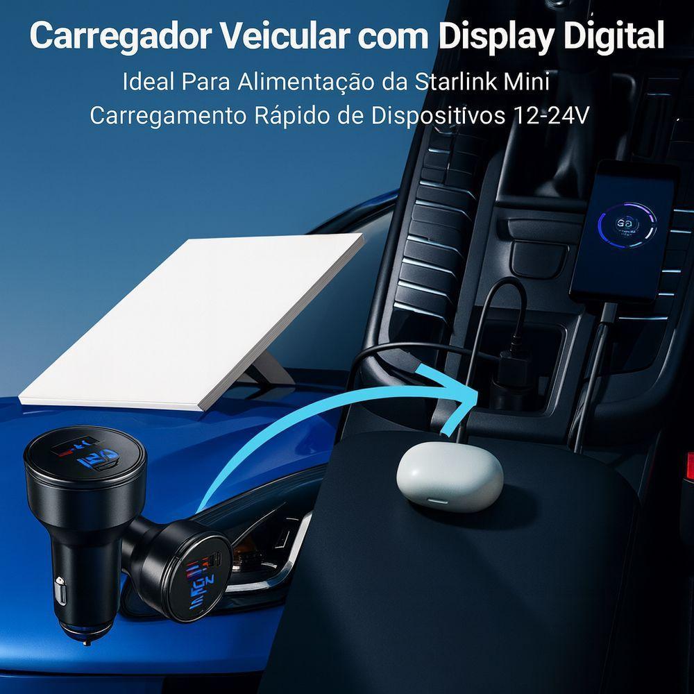 Cabo Carregador Veicular 3 Em 1 Starlink Mini – Adaptador Usb-c Pd + Qc 3.0 Com Display Digital - Cabo De 2 Metros - 5