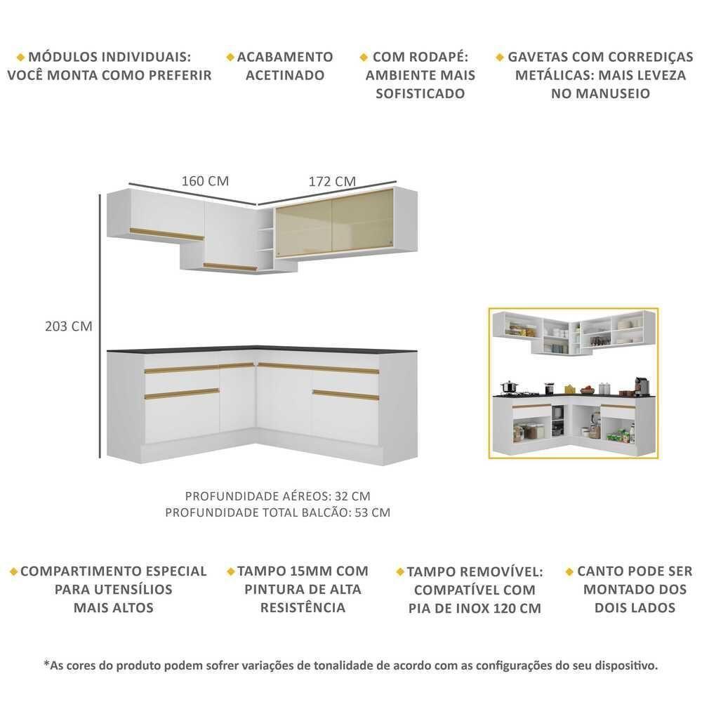 Armário De Cozinha Completa De Canto Com Rodapé Veneza Multimóveis V2097 Branco/dourado Branco/dourado - 5
