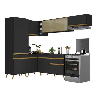 Armário de Cozinha Completa de Canto V2051 9 Portas 1 Gaveta MDP Preto 242cm