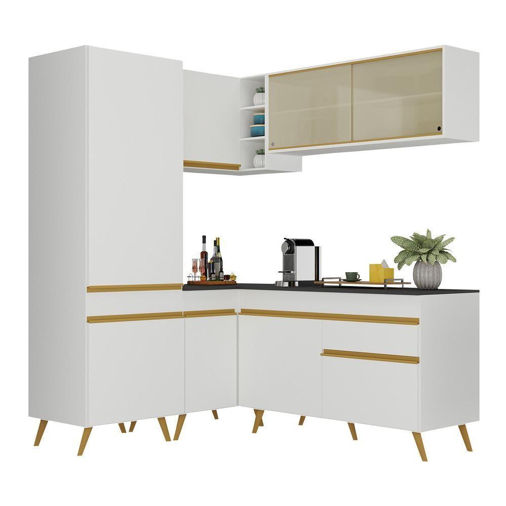 Armário De Cozinha Completa De Canto Veneza Multimóveis V2053 Branco/dourado Branco/dourado - 1