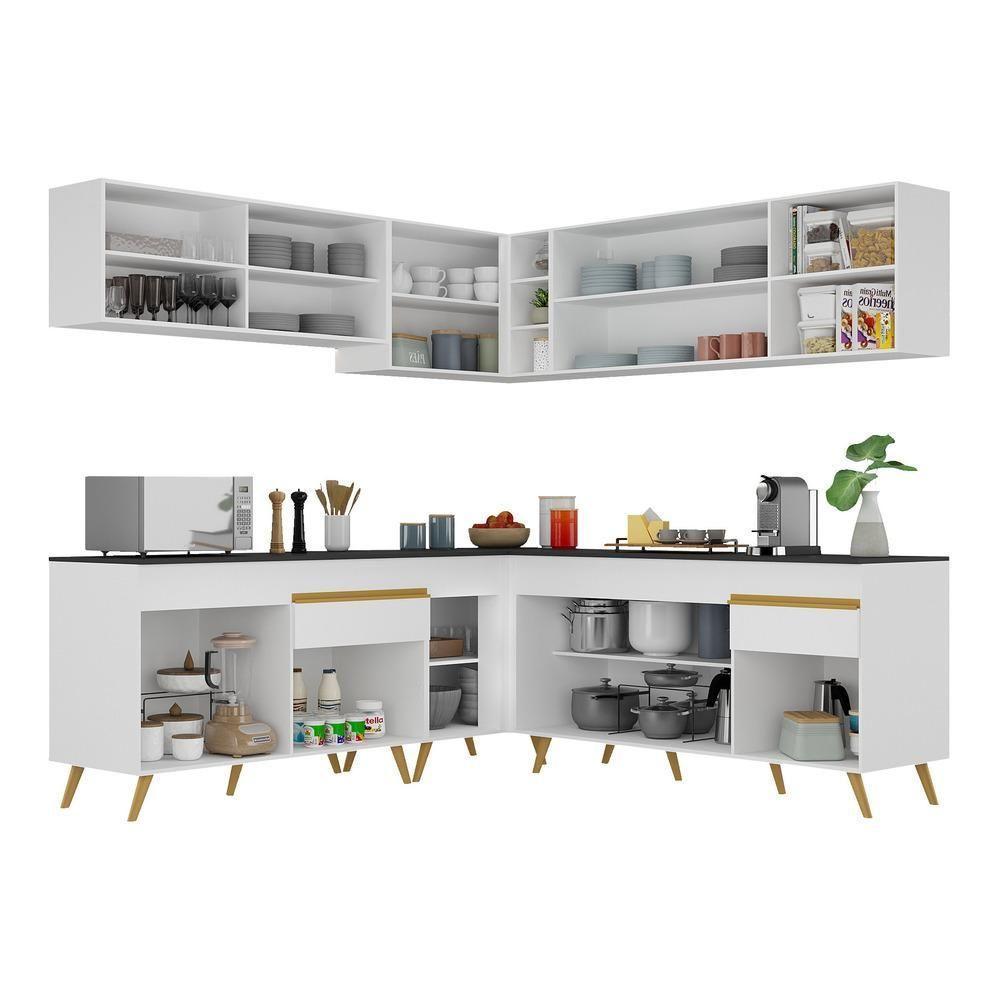 Armário De Cozinha Completa De Canto Veneza Multimóveis V2061 Branco/dourado Branco/dourado - 3