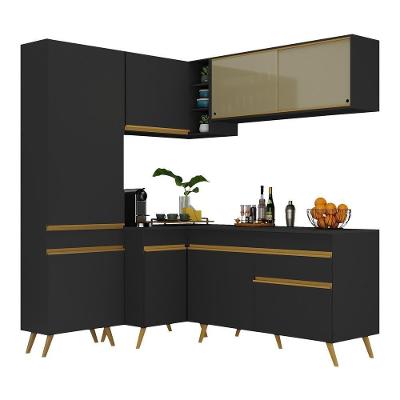 Armário de Cozinha Completa de Canto Veneza 8 Portas 1 Gaveta MDP Preto-dourado