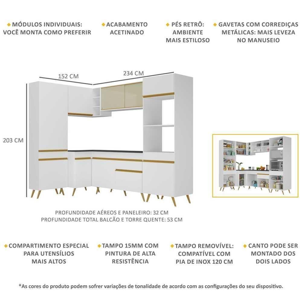 Armário De Cozinha Completa De Canto Veneza Multimóveis V2050 Branco/dourado Branco/dourado - 5