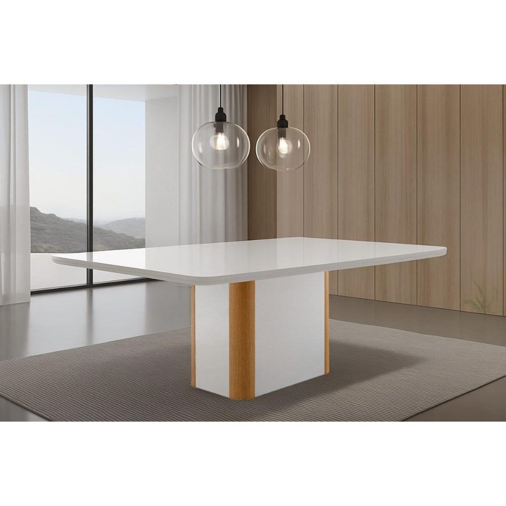 Mesa De Sala Jantar Pietá C/ Tampo Madeirado C/ Vidro Canto Curvo 120x80cm Off White/naturale/off White - Rufato - 1