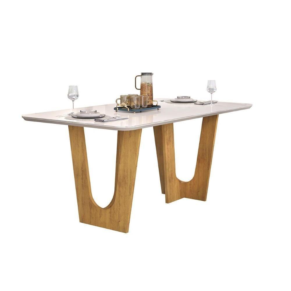 Mesa De Sala Jantar Nala C/ Tampo Madeirado C/ Vidro Curvo 170x90cm Cedro/off White - Dj Móveis - 1