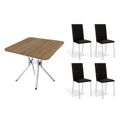 Sala De Jantar Completa Loire C/ Tampo De Madeira 90cm + 4 Cadeiras Amsterdã Cromada - Corano Preto - Kappesberg