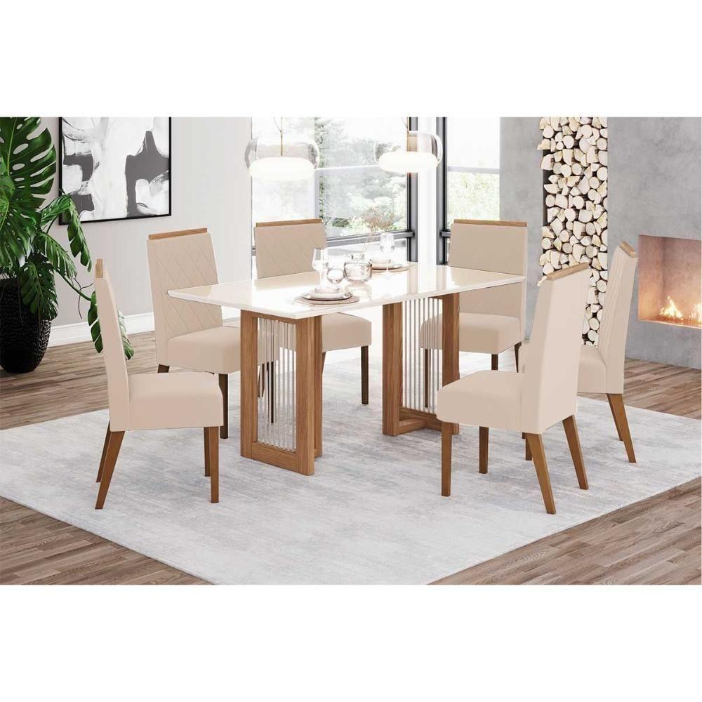 Sala De Jantar Completa Yara C/ Tampo Madeirado C/ Vidro Reto 160x90cm E 6 Cadeiras Nina Nature/suede Light Linho - Henn - 1