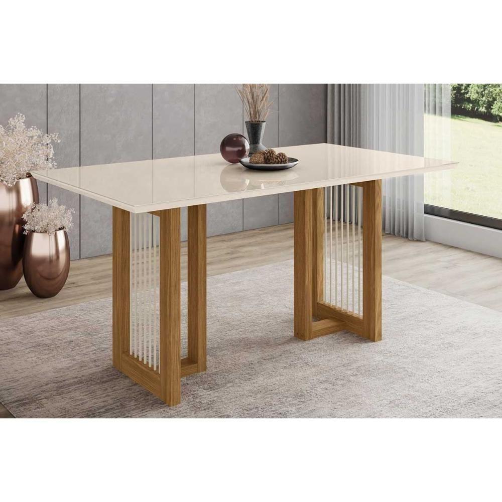 Sala De Jantar Completa Yara C/ Tampo Madeirado C/ Vidro Reto 160x90cm E 6 Cadeiras Nina Nature/suede Light Linho - Henn - 6