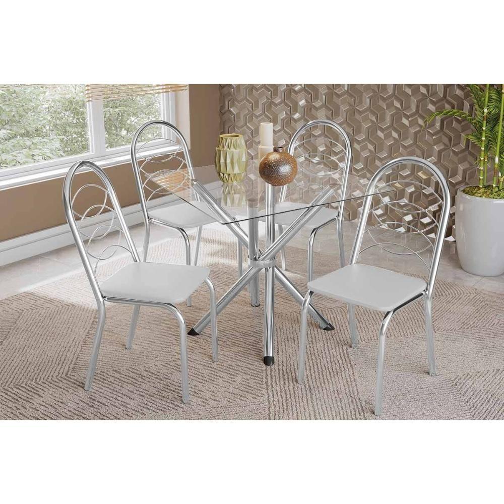 Sala De Jantar Completa Volga C/ Tampo De Vidro 90cm E 4 Cadeiras Holanda Cromada - Courano Branco - Kappesberg - 1