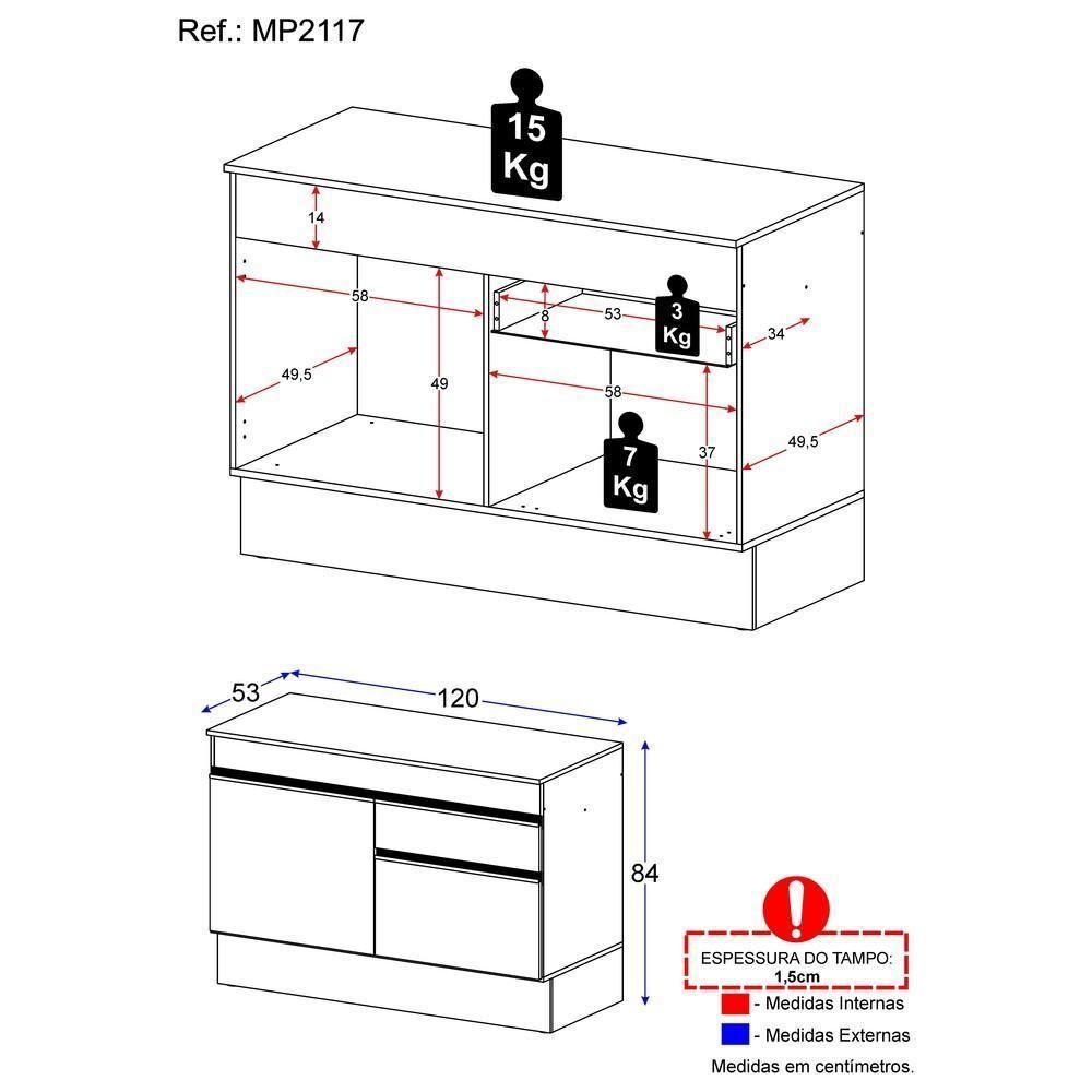 Balcão Cozinha Gabinete Pia 120 Cm 2 Portas 1 Gaveta Branco - 4