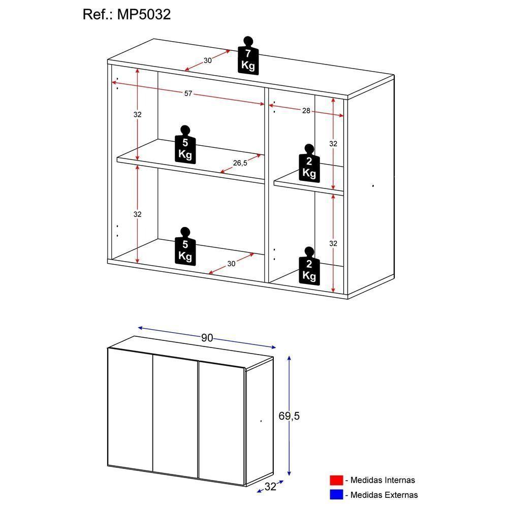 Armário Lavanderia Suspenso Com 3 Portas Multimóveis Mp5032 Branco - 5