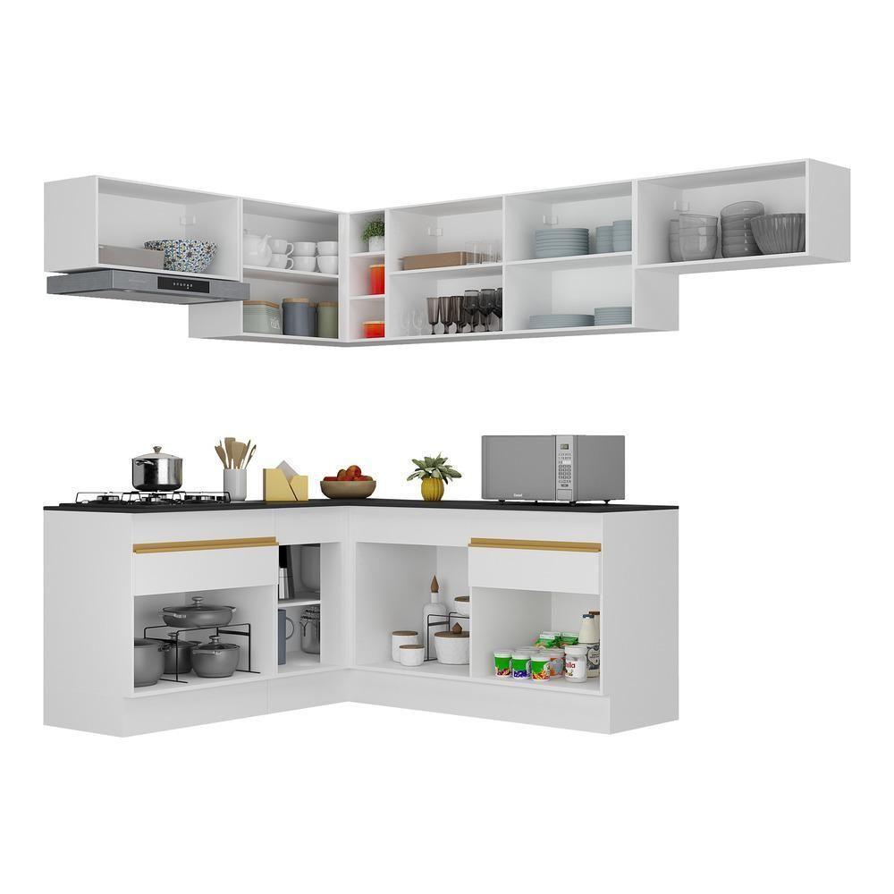 Armário De Cozinha Completa De Canto Com Rodapé Veneza Multimóveis V2104 Branco/dourado Branco/dourado - 3