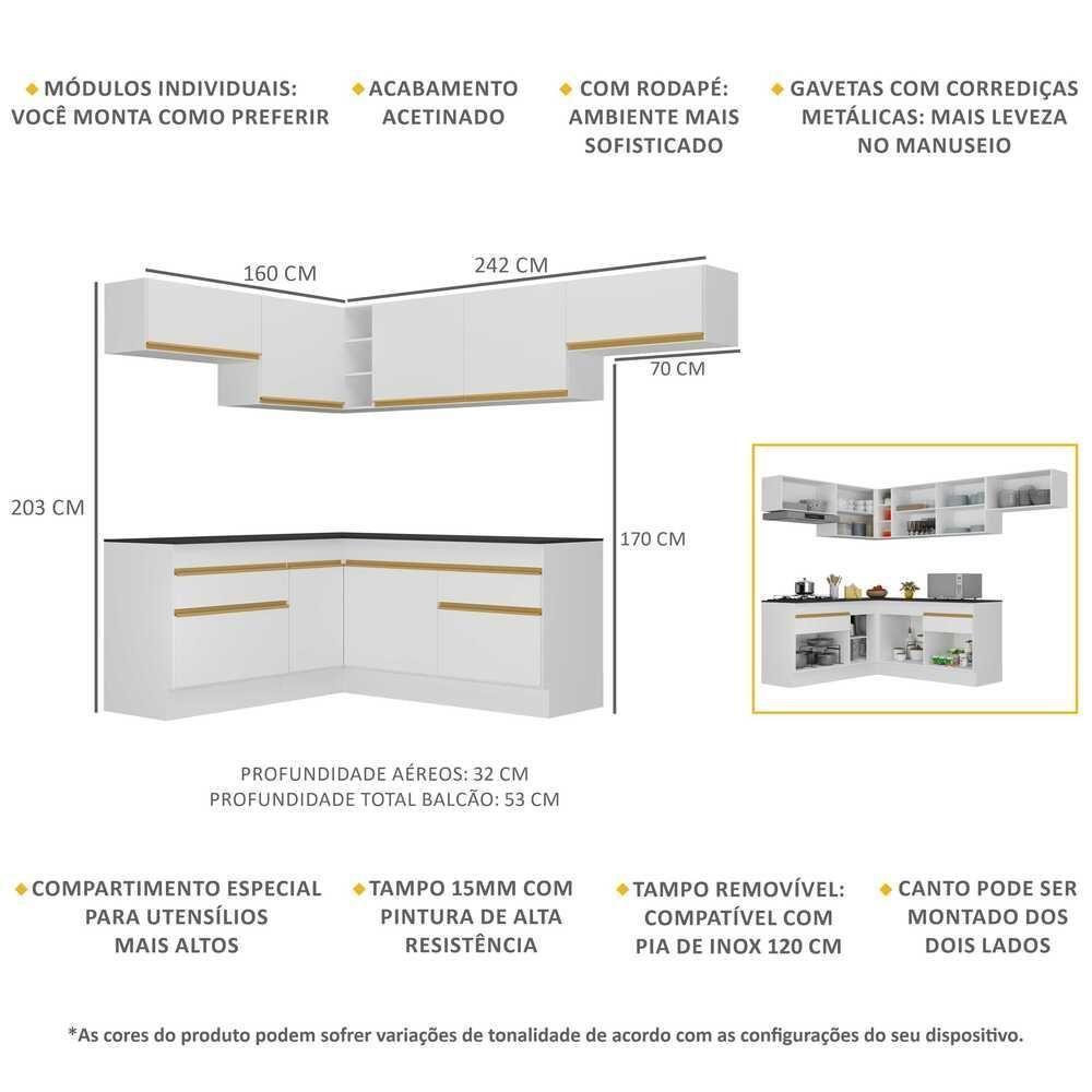Armário De Cozinha Completa De Canto Com Rodapé Veneza Multimóveis V2104 Branco/dourado Branco/dourado - 5