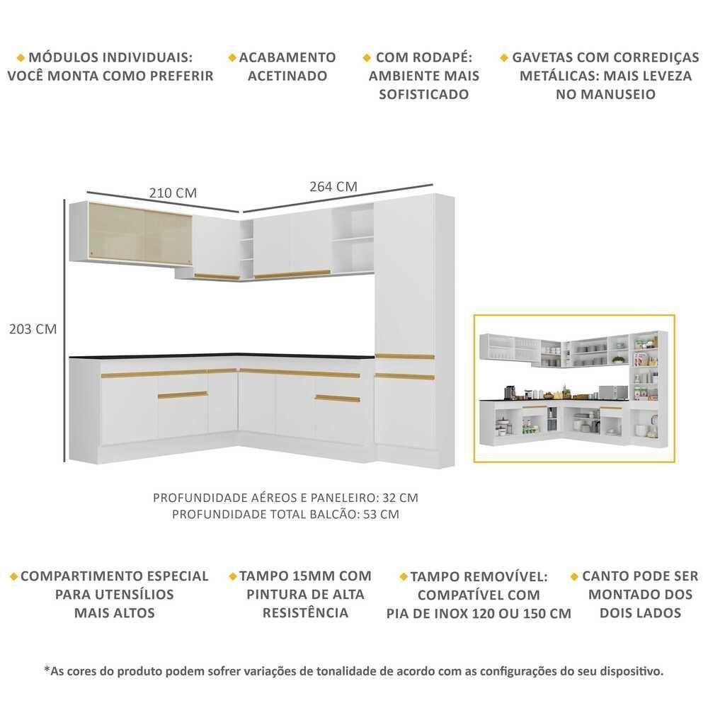 Armário De Cozinha Completa De Canto Com Rodapé Veneza Multimóveis V2100 Branco/dourado Branco/dourado - 4