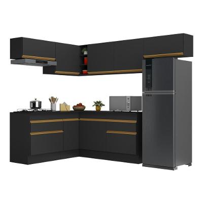 Armário de Cozinha Completa de Canto V2104 9 Portas 2 Gavetas MDF 242cm Preto-dourado