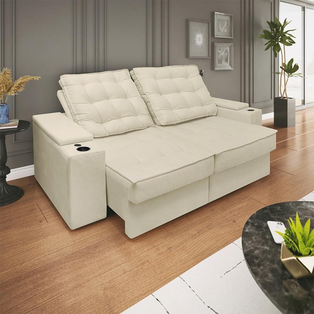Sofá Retratil Reclinavel 3 Lugares 2,30m Porta Copo USB Bege - 1