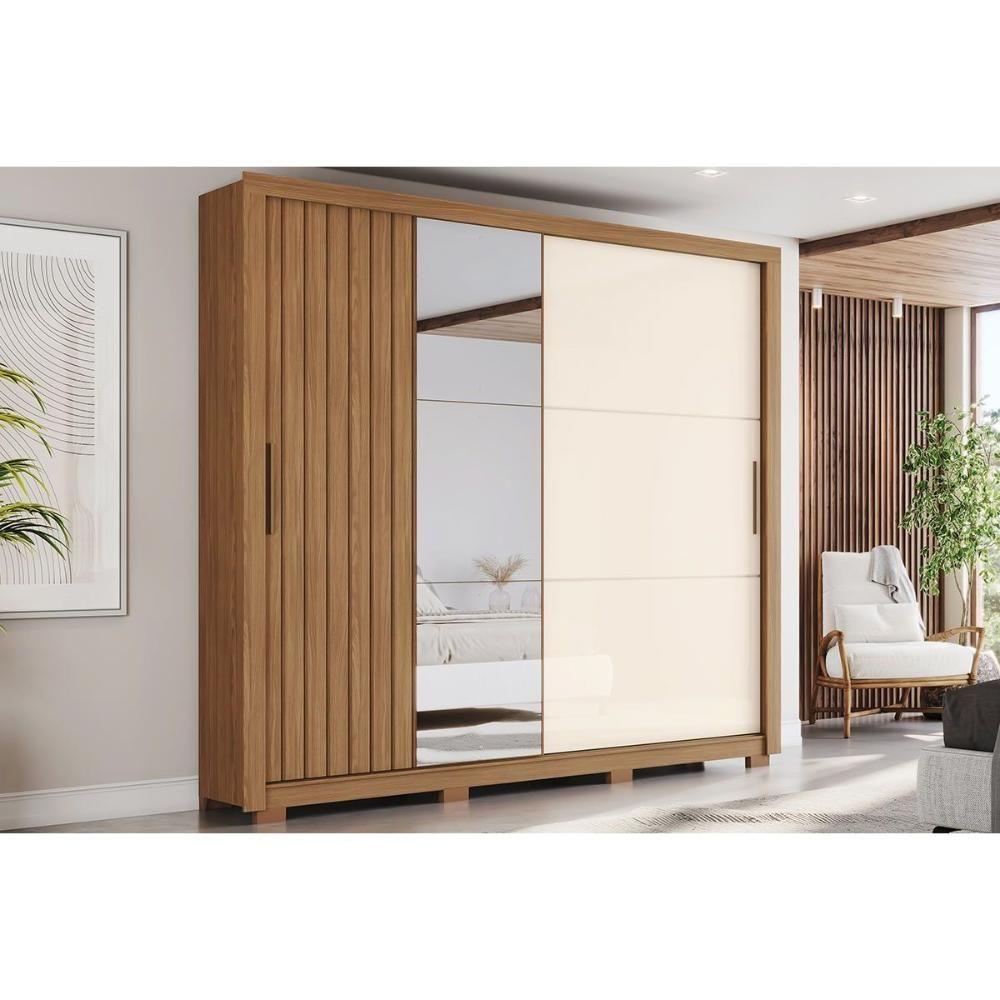 Guarda Roupas 2 Portas De Correr (1 C/ Espelho) E 4 Gavetas C/ Pés Vasti Nature/off White - Henn - 1