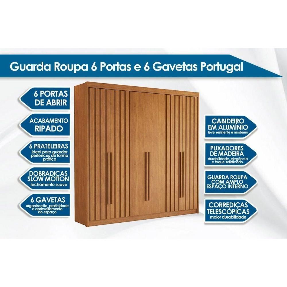 Guarda Roupa 6 Portas (4 Ripadas) E 6 Gavetas Portugal Cinamomo/off White - Conquista - 5