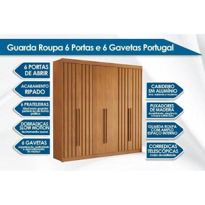 Guarda Roupa Casal Portugal 6 Portas de Bater 6 Gavetas Cinamomo-Off White Conquista