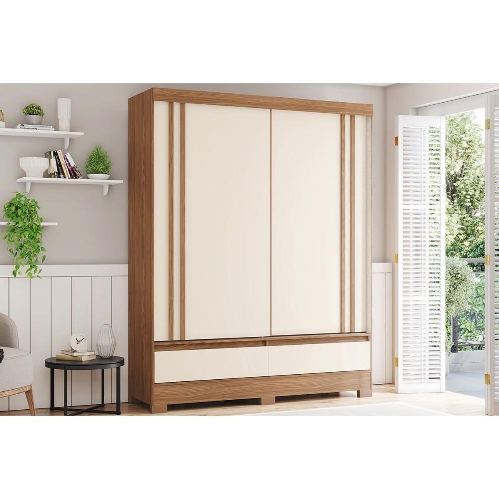 Guarda Roupas 2 Portas De Correr E 2 Gavetas C/ Pés Briz B373 Flex Nature/off White Ou Preto - Henn - 1