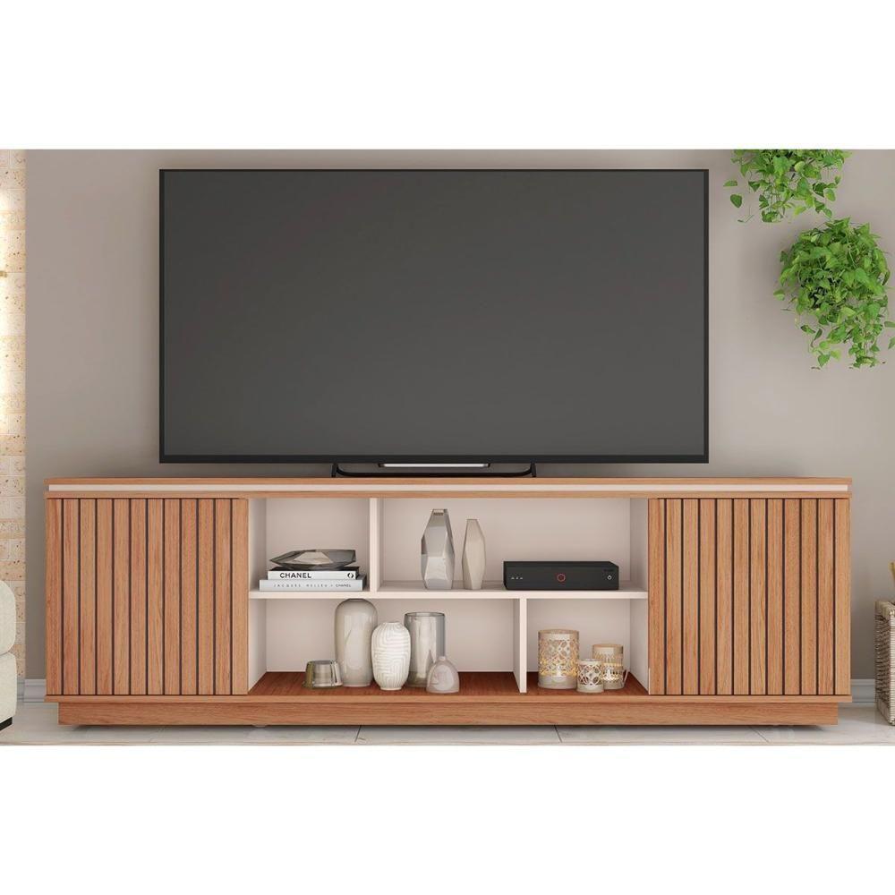 Rack Bancada P/ Tv Até 75 Pol Simetria C/ Nichos E Rodizios 180cm Freijo/off White - Caemmun - 1