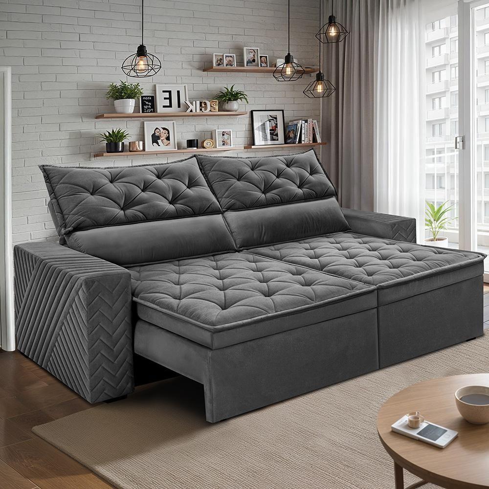 Sofá Retrátil E Reclinável 2,30m Essence. Velusoft Cama Inbox Cinza - 1