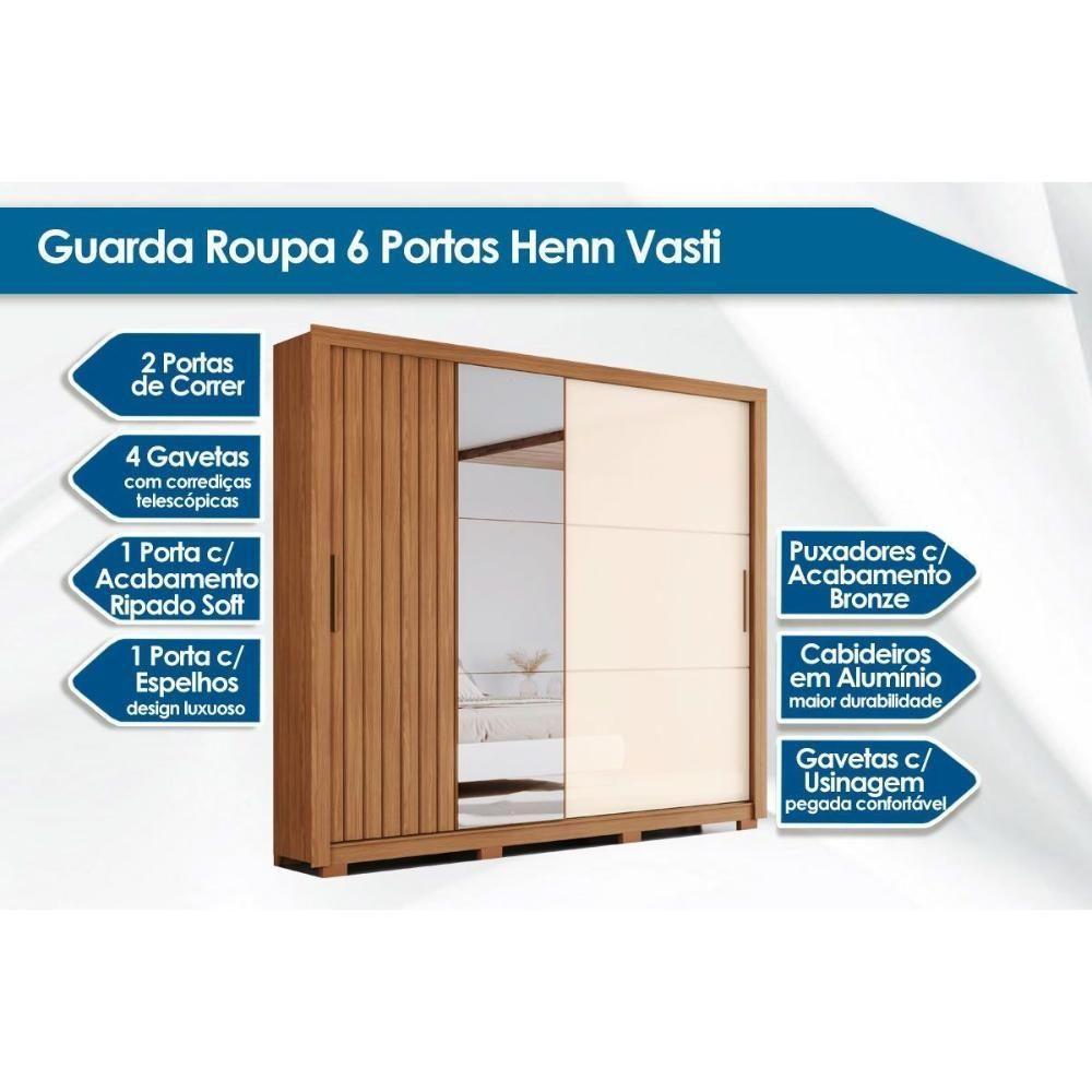 Guarda Roupa Solteiro 2 Portas De Correr (1 C/ Espelho) E 4 Gavetas C/ Pés Vasti Nature/off White - Henn - 4