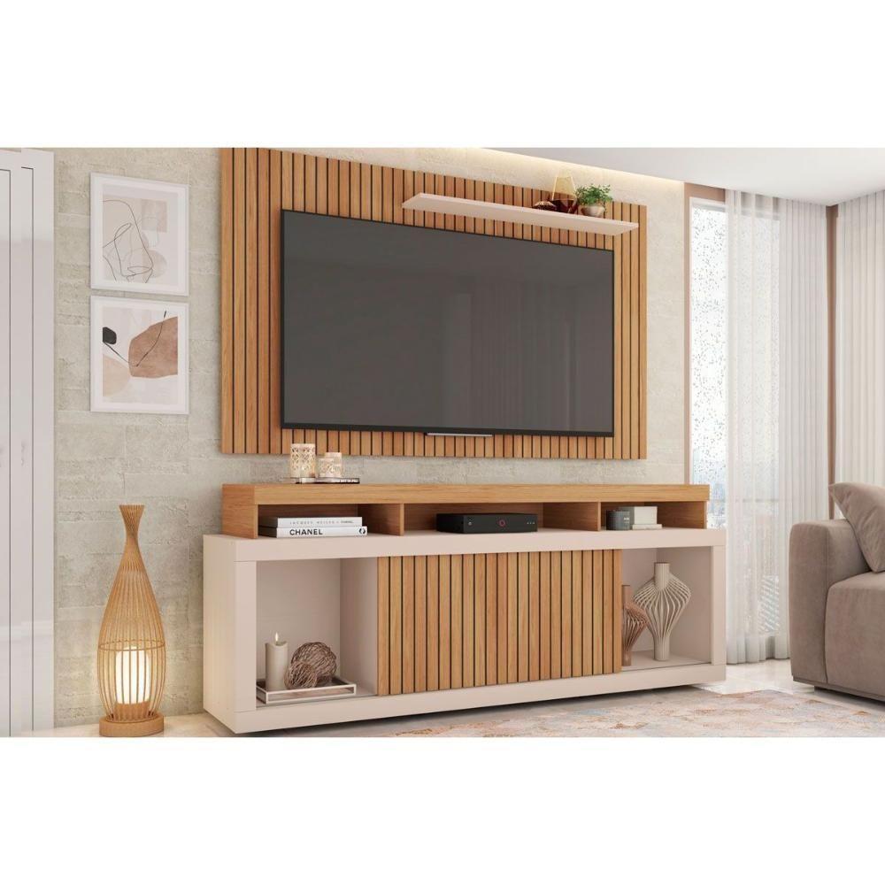Rack Bancada C/ Painel P/ Tv Até 60 Pol New Oscar Rodízios 180x174cm Buriti/off White - Caemmun - 1