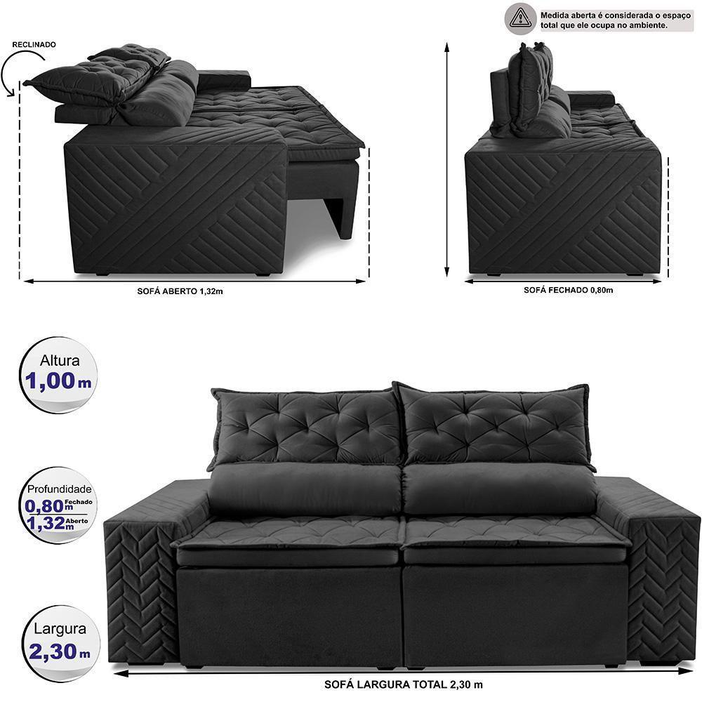 Sofá Retrátil E Reclinável 2,30m Essence. Velusoft Cama Inbox Preto - 6