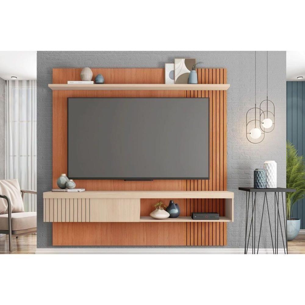 Rack Bancada C/ Painel P/ Tv Até 65 Pol Jade Ripada 180x183cm Freijo/off White - Caemmun - 1