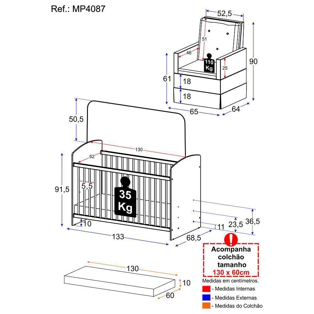 Berço Com Colchão E Poltrona De Amamentação Olaf Mp4087 Branco/Bege Branco/Bege - 3