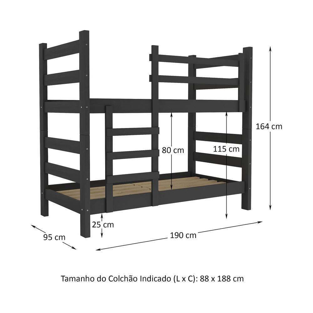 Beliche Madeira Maciça - Vira 2 Camas - Com Colchões Inclusos Dubai Multimóveis Cr4158 Preto - 5