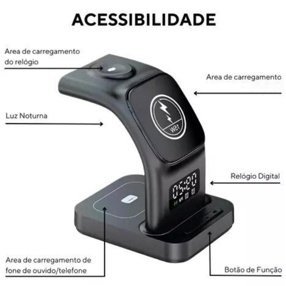 Base Carregador Sem Fio 5 Em 1 Com Indução E Relógio – Multifuncional, Led E Carregamento Rápido - 7