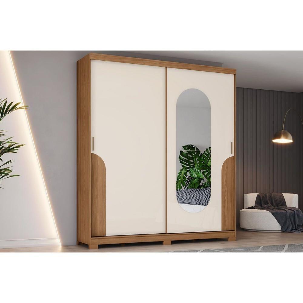 Guarda Roupa 2 Portas De Correr (1 C/ Espelho) E 3 Gavetas C/ Pés Talles Nature/off White - Henn - 1