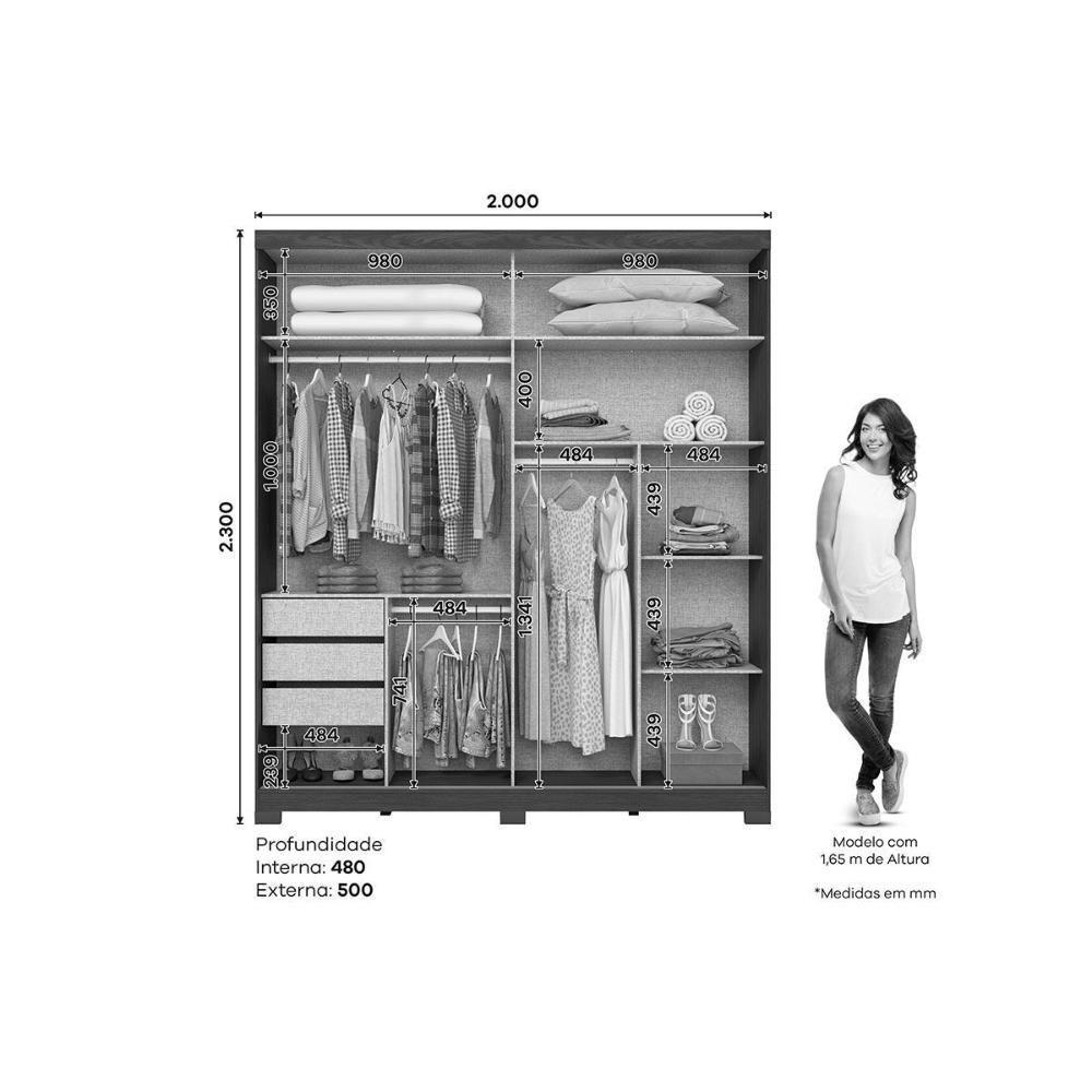 Guarda Roupa 2 Portas De Correr (1 C/ Espelho) E 3 Gavetas C/ Pés Talles Nature/off White - Henn - 3