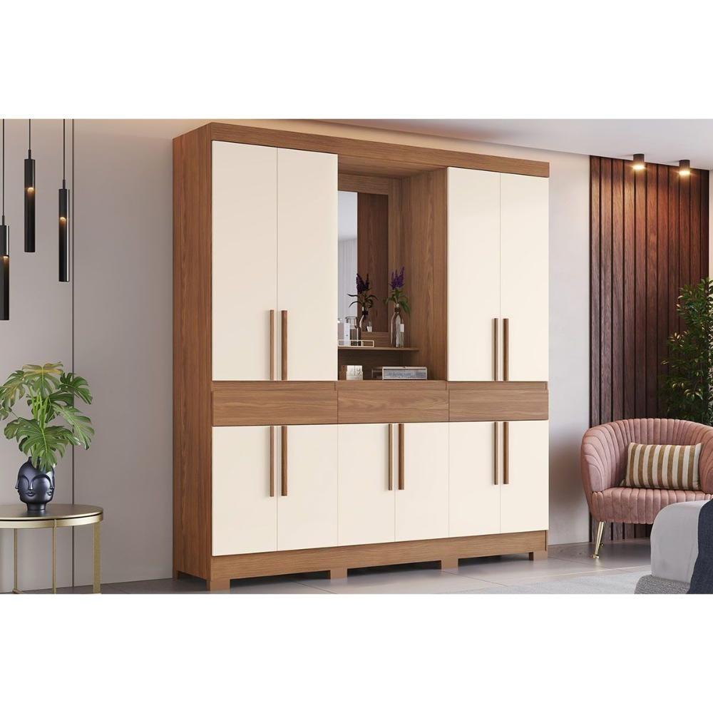 Guarda Roupa 10 Portas E 3 Gavetas C/ 1 Espelho C/ Pés Briz B374 Nature/off White - Henn - 1