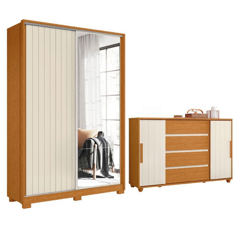 Conjunto De Quarto Guarda Roupas Com Espelho 2 Portas De Correr E Cômoda Hera Flex Madeirado/off Whi Madeir/off - 1