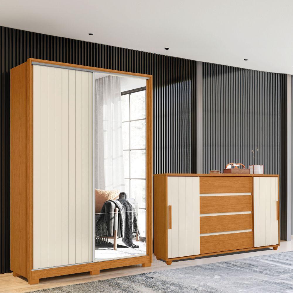 Conjunto De Quarto Guarda Roupas Com Espelho 2 Portas De Correr E Cômoda Hera Flex Madeirado/off Whi Madeir/off - 2