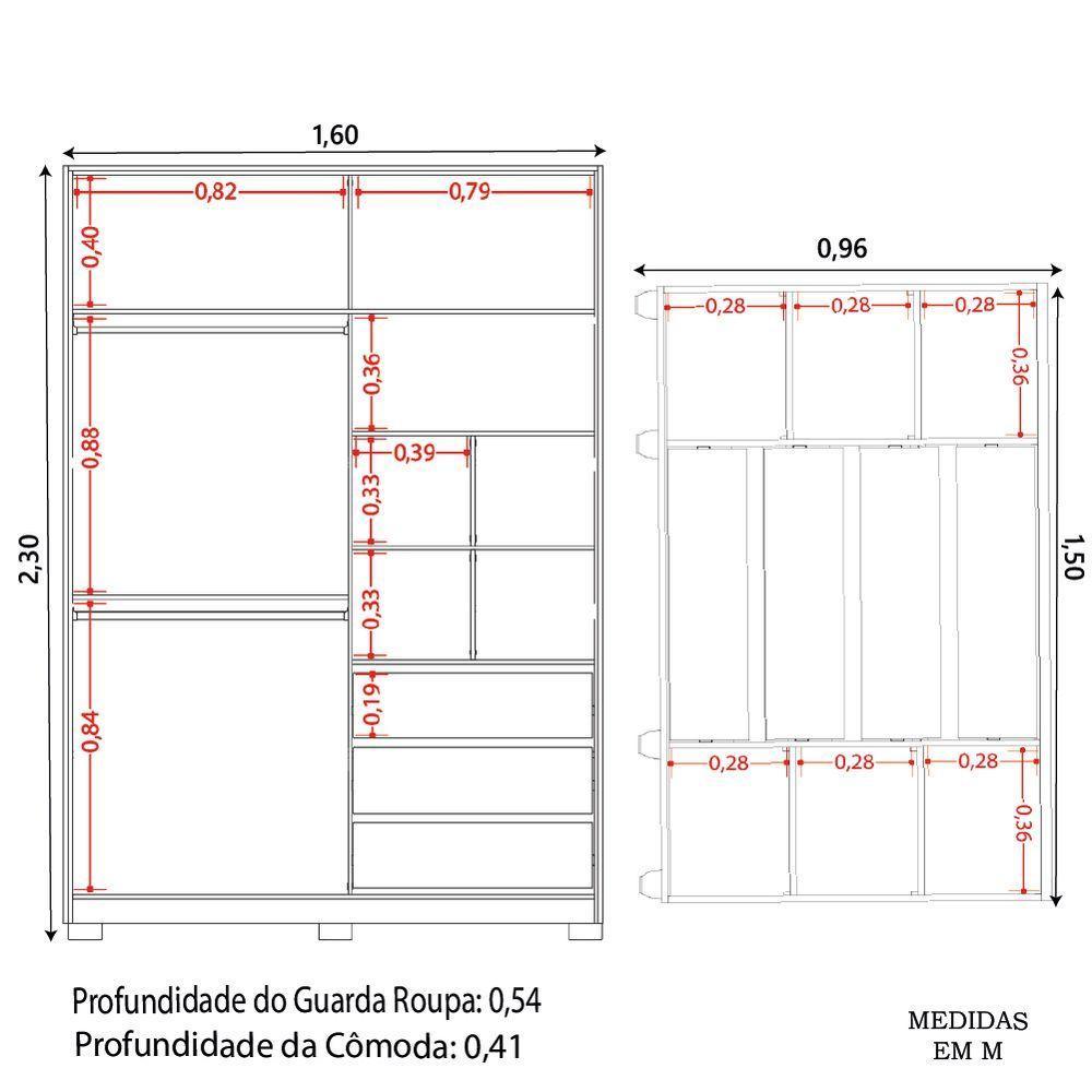 Conjunto De Quarto Guarda Roupas Com Espelho 2 Portas De Correr E Cômoda Hera Flex Madeirado/off Whi Madeir/off - 3