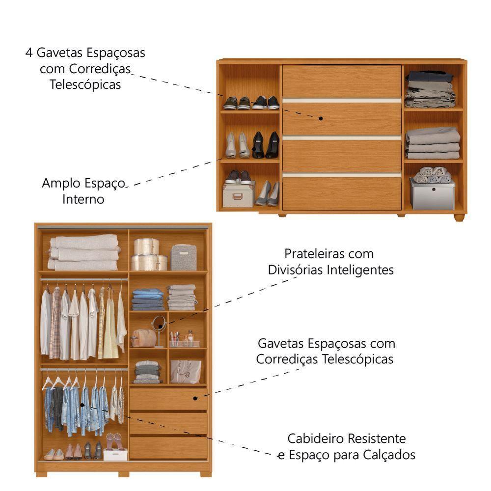 Conjunto De Quarto Guarda Roupas Com Espelho 2 Portas De Correr E Cômoda Hera Flex Madeirado/off Whi Madeir/off - 4