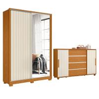 Conjunto De Quarto Guarda Roupas Com Espelho 2 Portas De Correr E Cômoda Hera Flex Madeirado/off Whi Madeir/off - 1