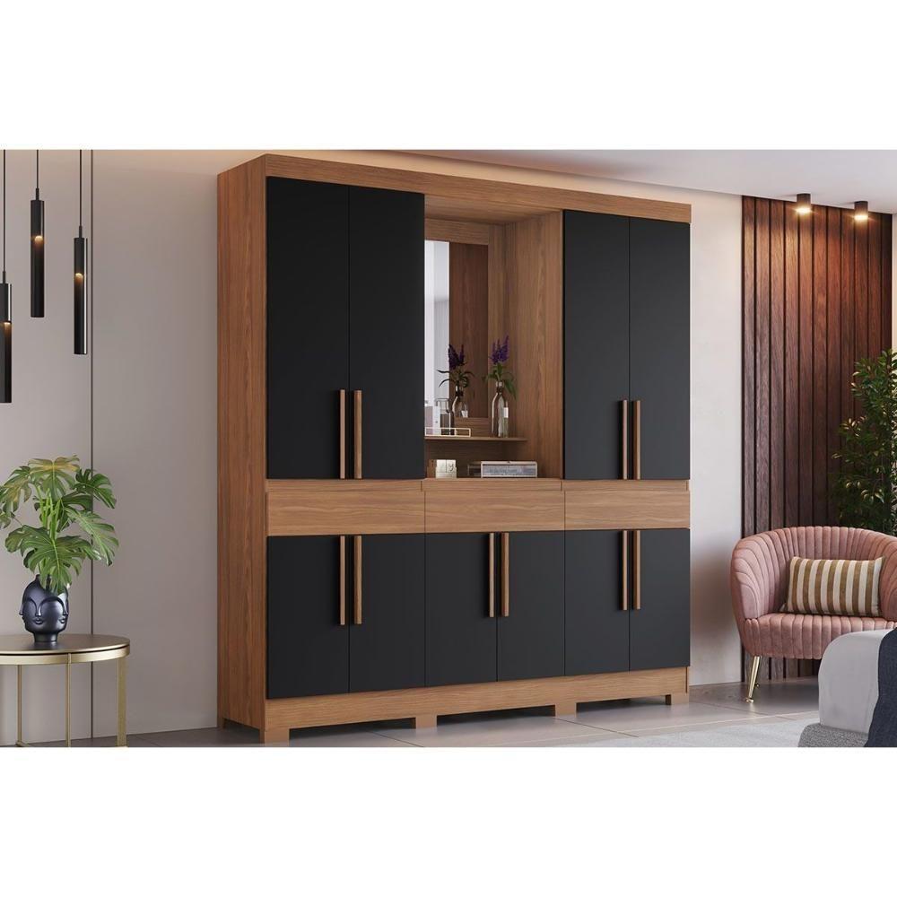 Guarda Roupa Casal 10 Portas E 3 Gavetas C/ 1 Espelho C/ Pés Briz B374 Nature/preto - Henn - 1