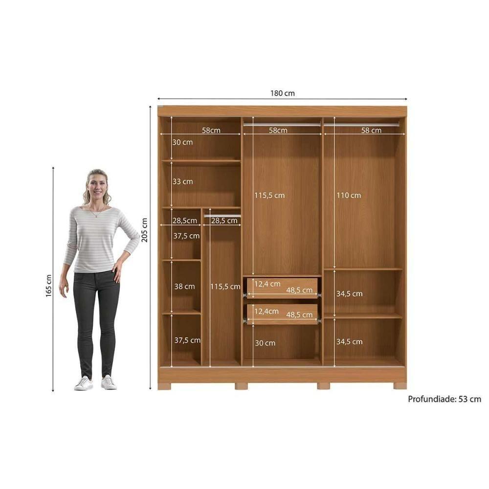 Guarda Roupa Casal 3 Portas De Correr (1 C/ Espelho) E 2 Gavetas C/ Pés Cb01r589 Canela - Kappesberg - 4