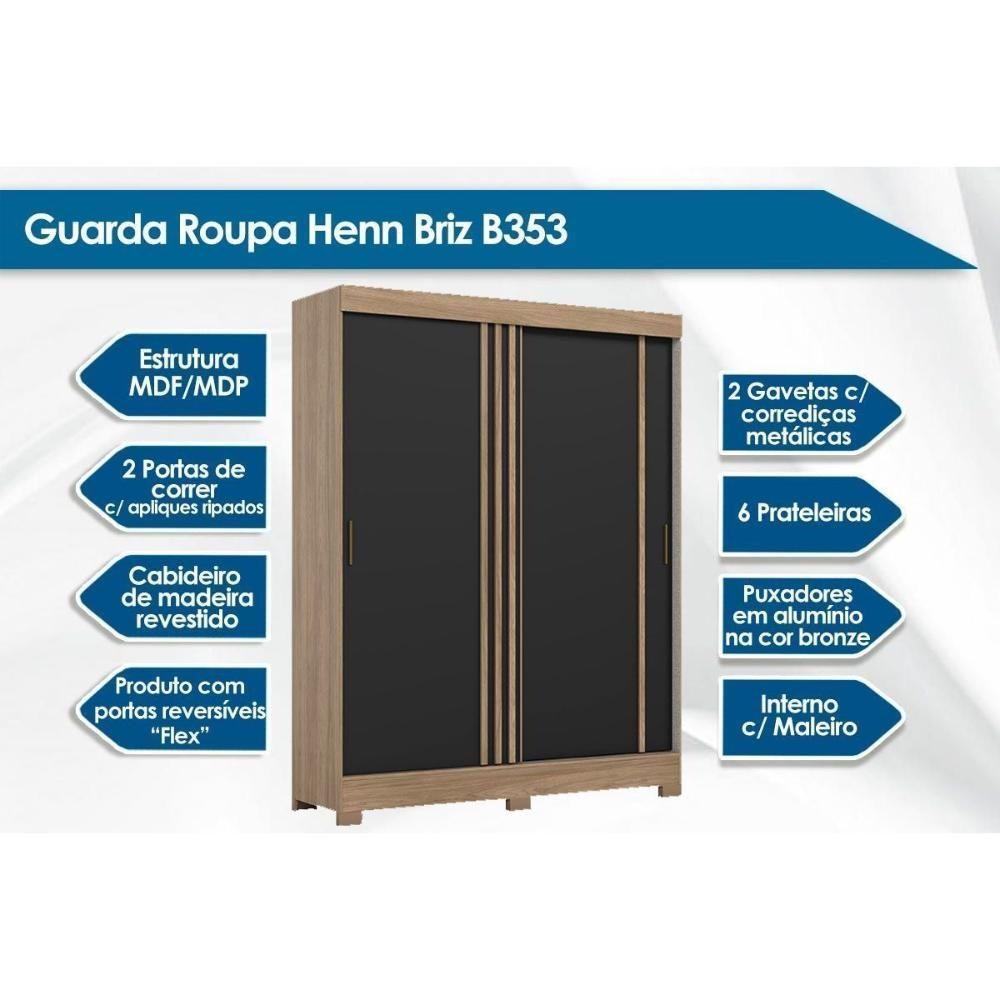 Guarda Roupa Casal 2 Portas De Correr E 2 Gavetas C/ Pés Briz B353 Flex Jequitiba/jequitiba Ou Preto - Henn - 4