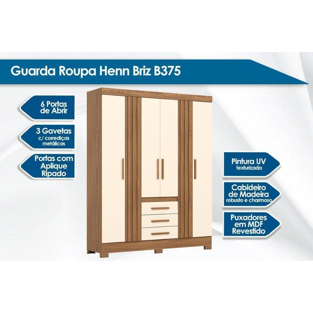 Guarda Roupa Casal 6 Portas E 3 Gavetas C/ Pés Briz B375 Nature/off White - Henn - 2